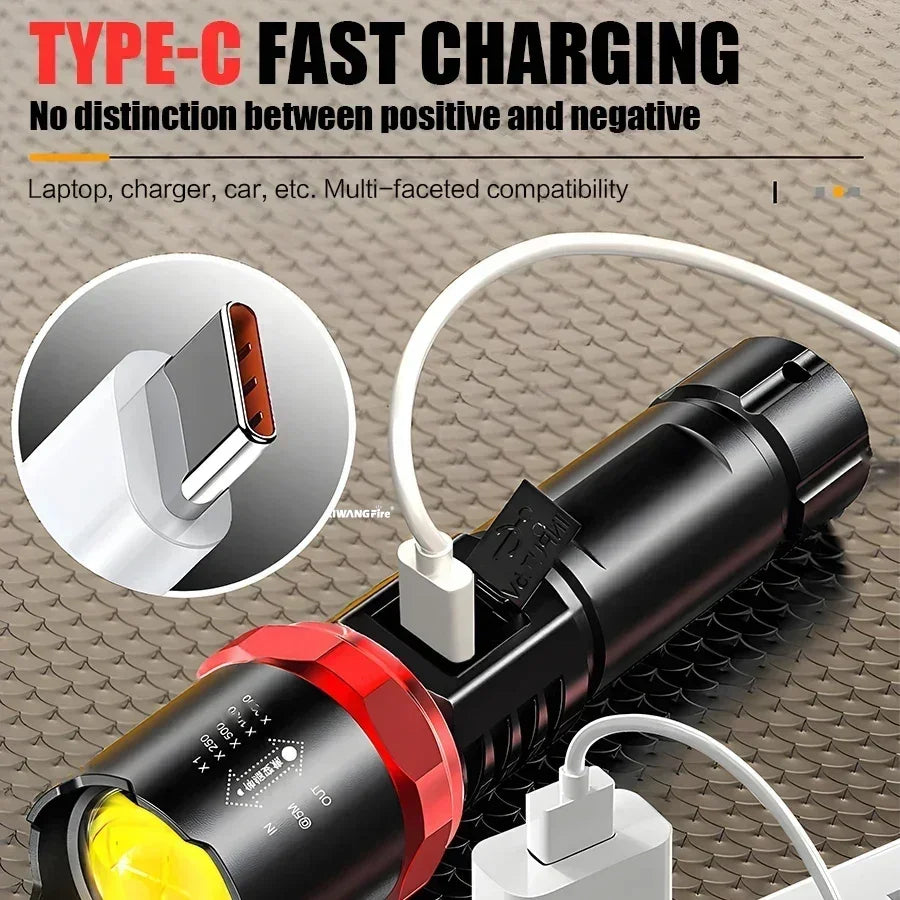 Heinast 1000LM Powerful LED Flashlight Display TYPE-C Rechargeable Light Telescopic Zoom Torch Outdoor Camping Fishing Lantern