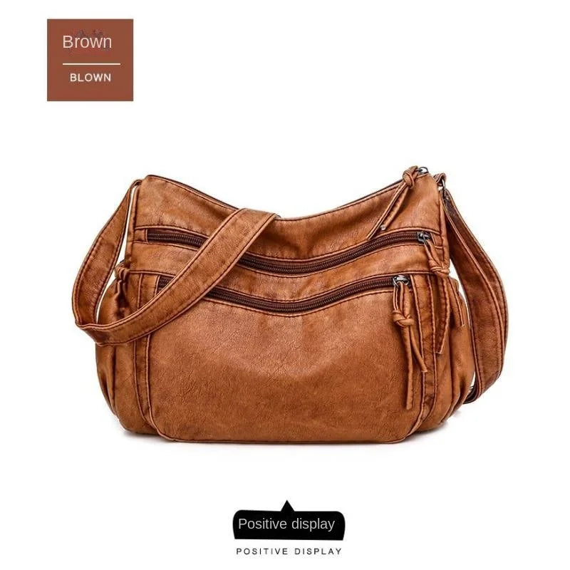 Washed leather women's bag 2024 European and American retro shoulder bag versatile large-capacity crossbody bag PU soft leather