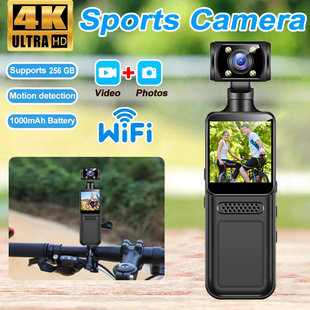 128GB 4K Ultra HD Action Mini Camera 180 Rotatable Vlog Wifi Sports Cam Waterproof Case Helmet Travel Bicycle Driver Recorder