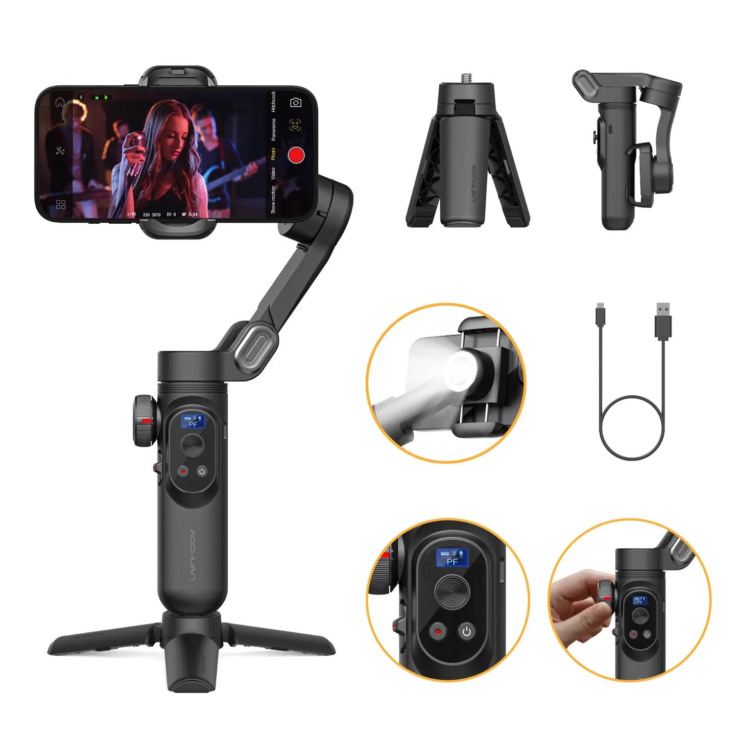 AOCHUAN Smart XPro Smartphone 3 Axis Gimbal Stabilizer For iPhone and Android Smartphone Shooting Video with Fill light Effects