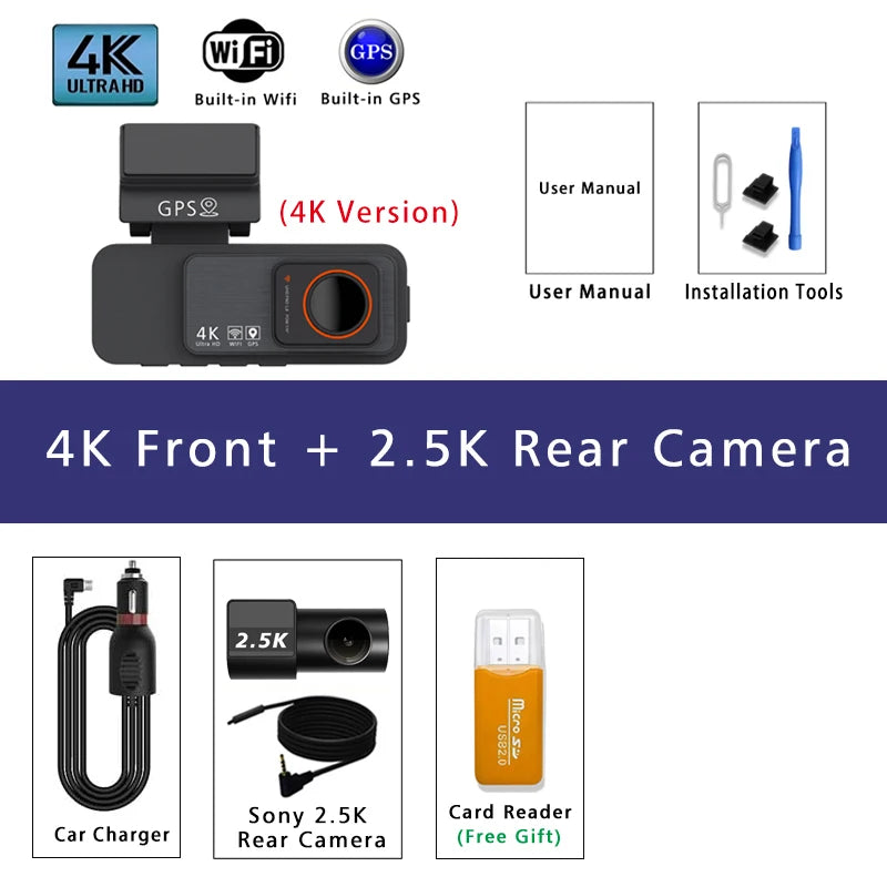 4K Dash Cam WIFI GPS Car DVR 2.5K Rear Camera Video Drive Recorder Dashcam Register Mini Black Box 24H Monitoring Night Vision