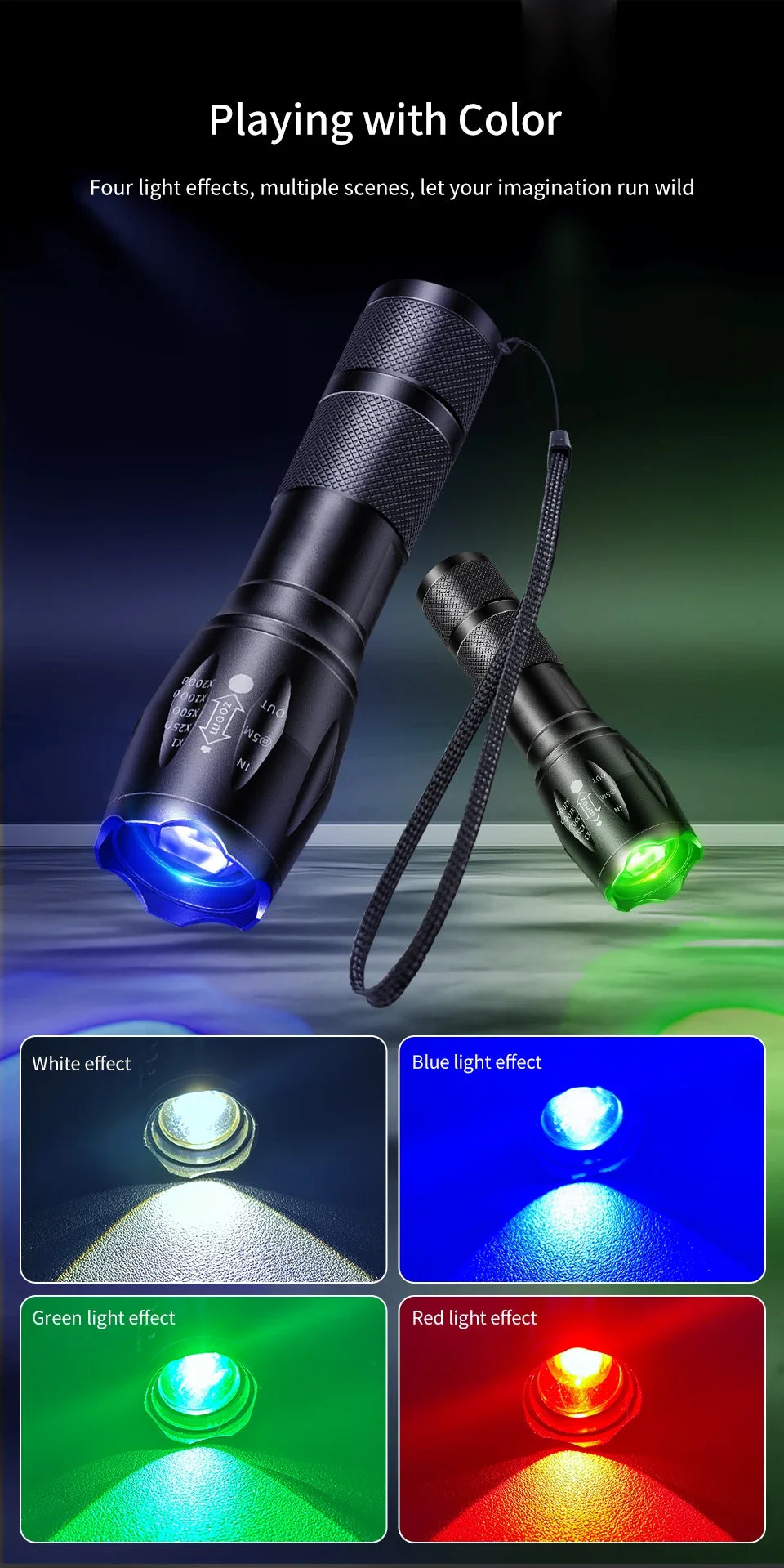 LED Aluminum Flashlight Outdoor Adventure Sports Emergency Flashlight Premium Black Color Changeable Light Compact and Portable