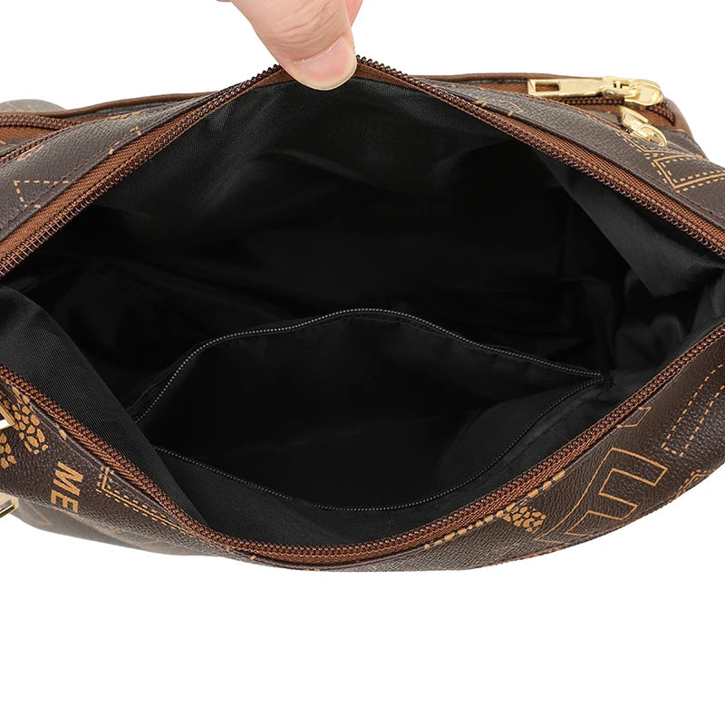 Ladies Middle-Aged Bag Large Capacity printed Work Clothing Soft Leather Multi-Pocket Cross-Body Bag Retro Shoulder Bag