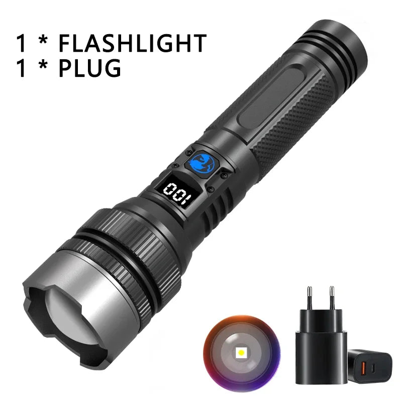 Super Bright LED Portable Flashlight USB Rechargeable Torch with Built-in Battery High Lumen Outdoor Waterproof Camping Lantern