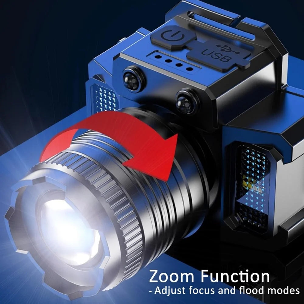 Usb Rechargeable Headlamp Super Bright Head Lamp Motion Sensor Headlight 5 Lighting Modes Zoomable Head Lights Forehead Light