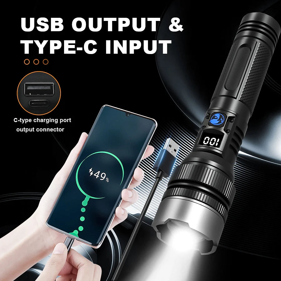 Super Bright LED Portable Flashlight USB Rechargeable Torch with Built-in Battery High Lumen Outdoor Waterproof Camping Lantern