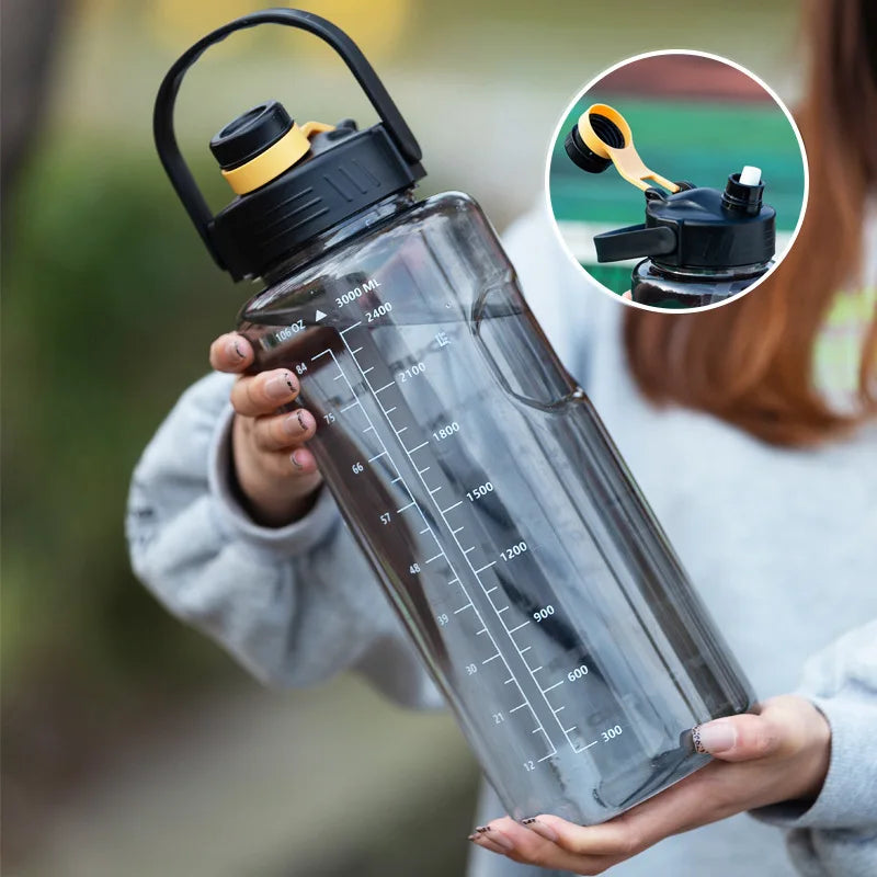LUSQI 1.5L/2L/3L Sports Water Bottle Large Capacity Plastic Cup Leak-Proof with Straw and Time Marker for Home Outdoor Sports