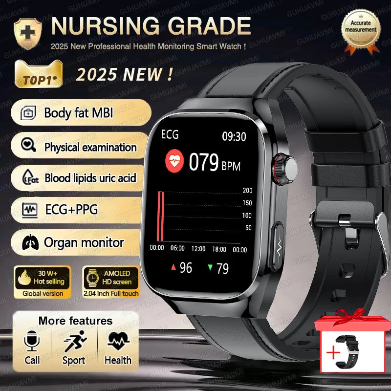 2025 New Three Highs Blood Pressure Smartwatch ECG Uric Acid Heart Rate Clock Body Analysis Health Monitoring Watches