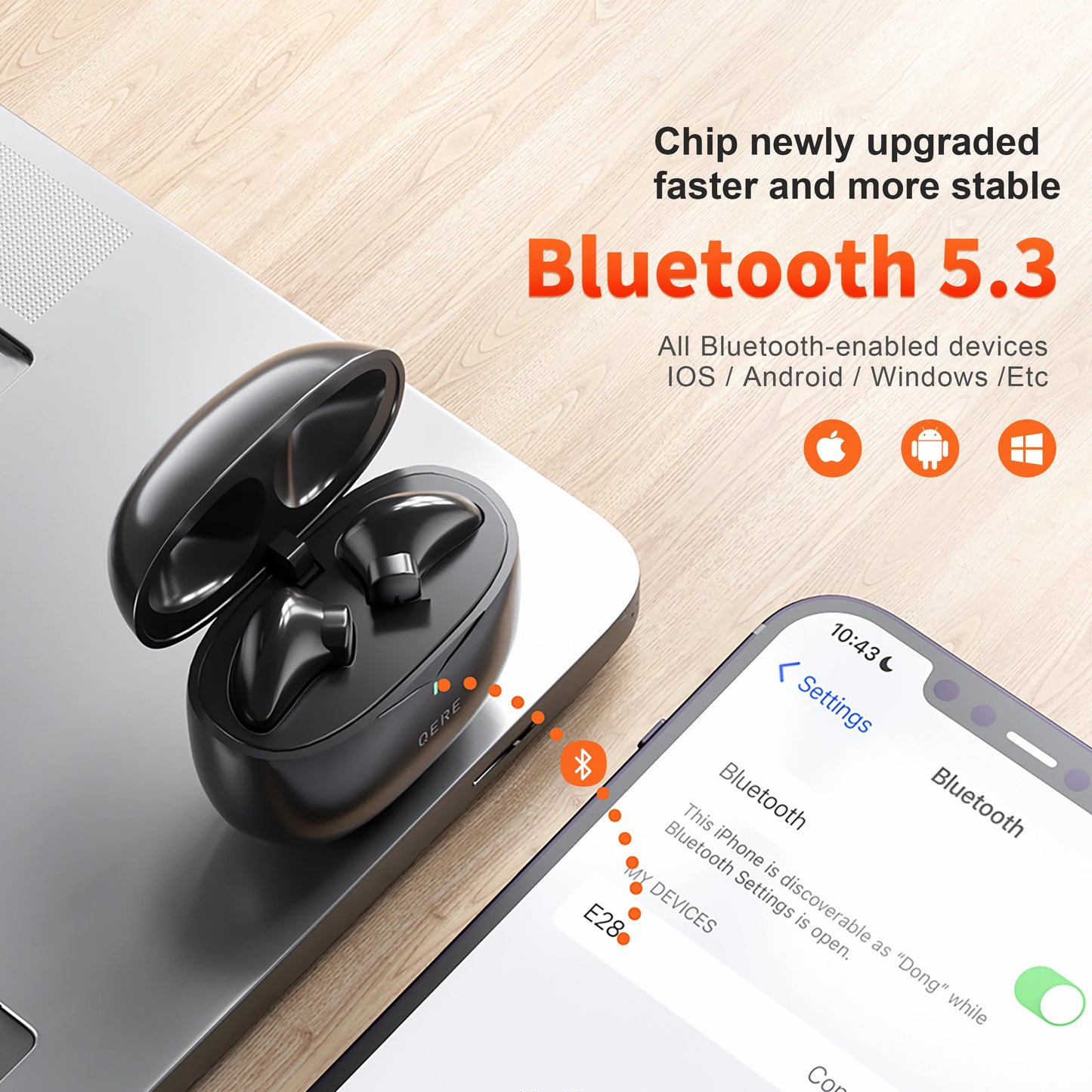 Bluetooth Wireless Headphones,QERE E28,NEW TWS 5.3,HD Microphone,HIFI Earphones,13m Driver,60ms Low Latency,4 Mics+ENC Call