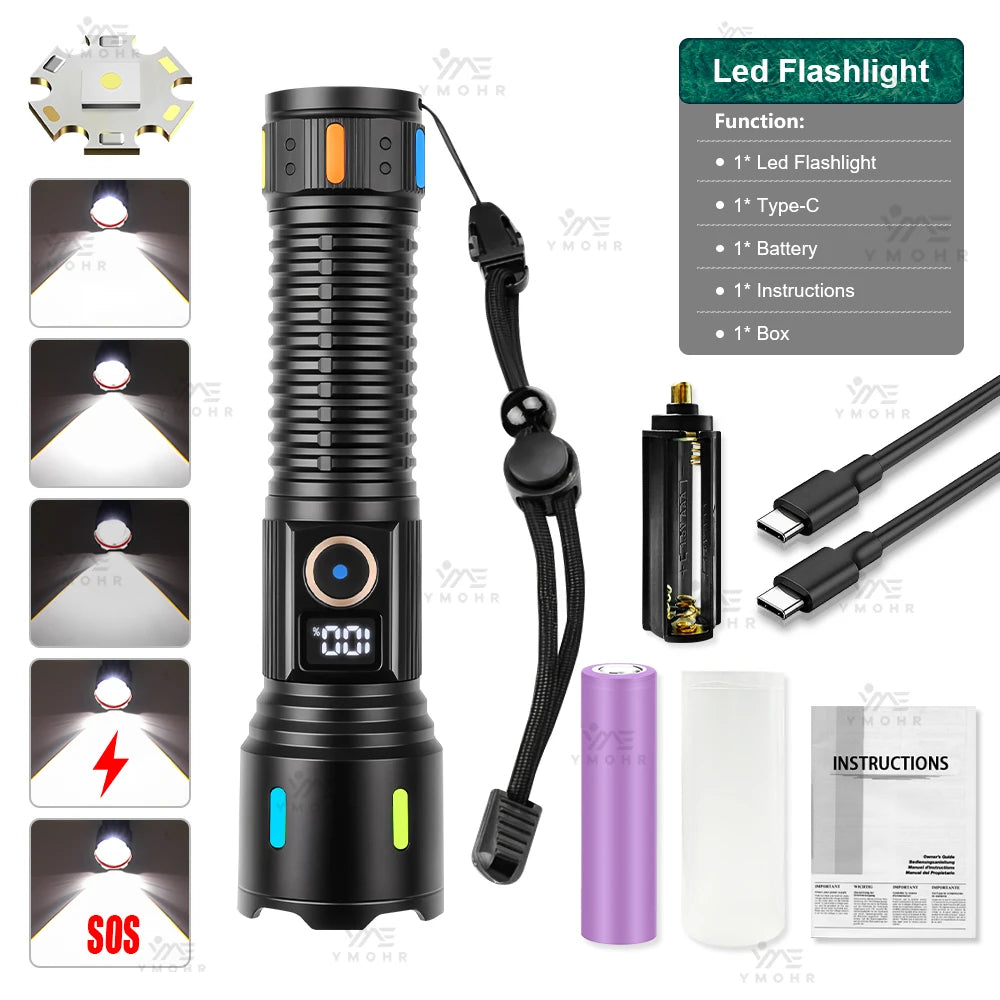 High Power LED Flashlights Built-in battery USB Rechargeable Strong Hand Light Multifunctional Torch Lamp For Emergency Camping