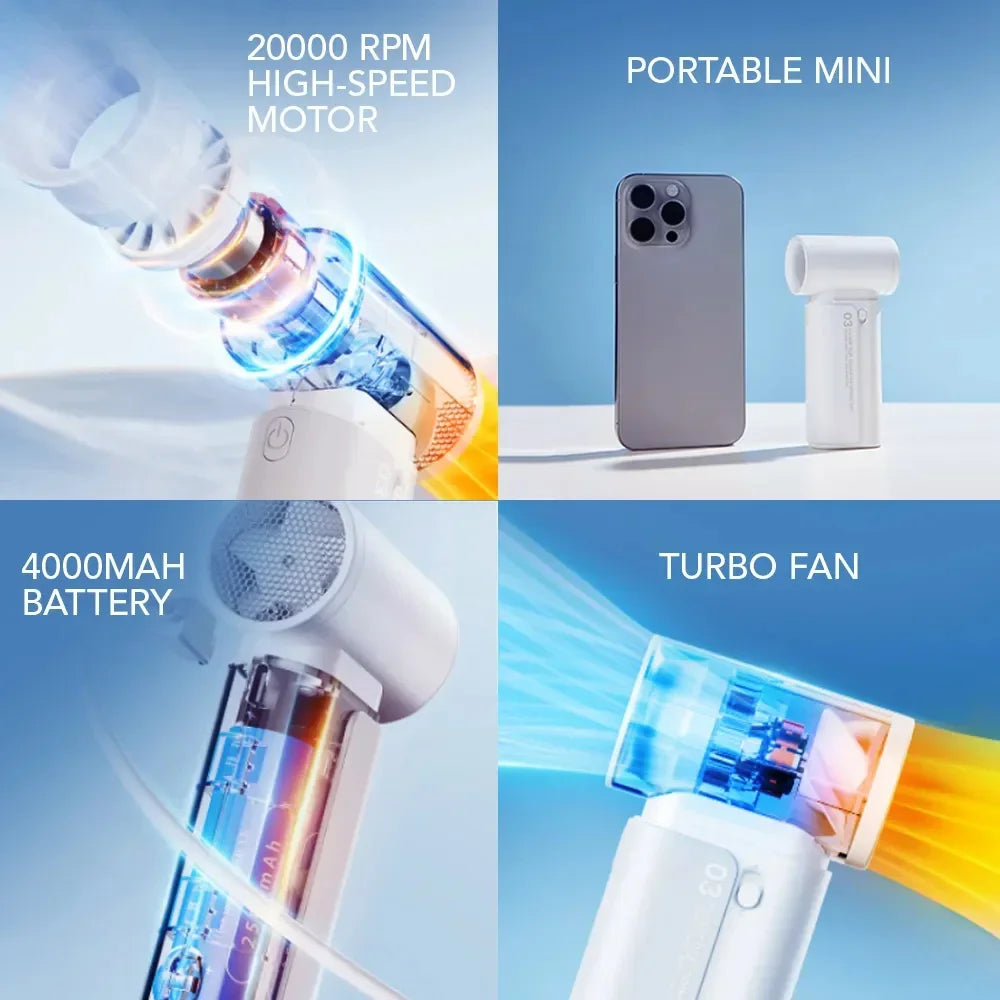 2025 New High Speed Portable Electric Fan USB Rechargeable 3 Speed Fan 4000mAh Outdoor Handheld Fan Mini Bladeless Fan