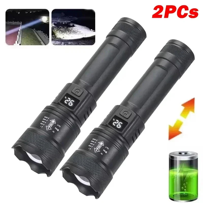 High Strong Power Led Flashlights 300000LM Tactical Torch with Display Light USB Charging Camping Fishing Defense Zoom Lantern