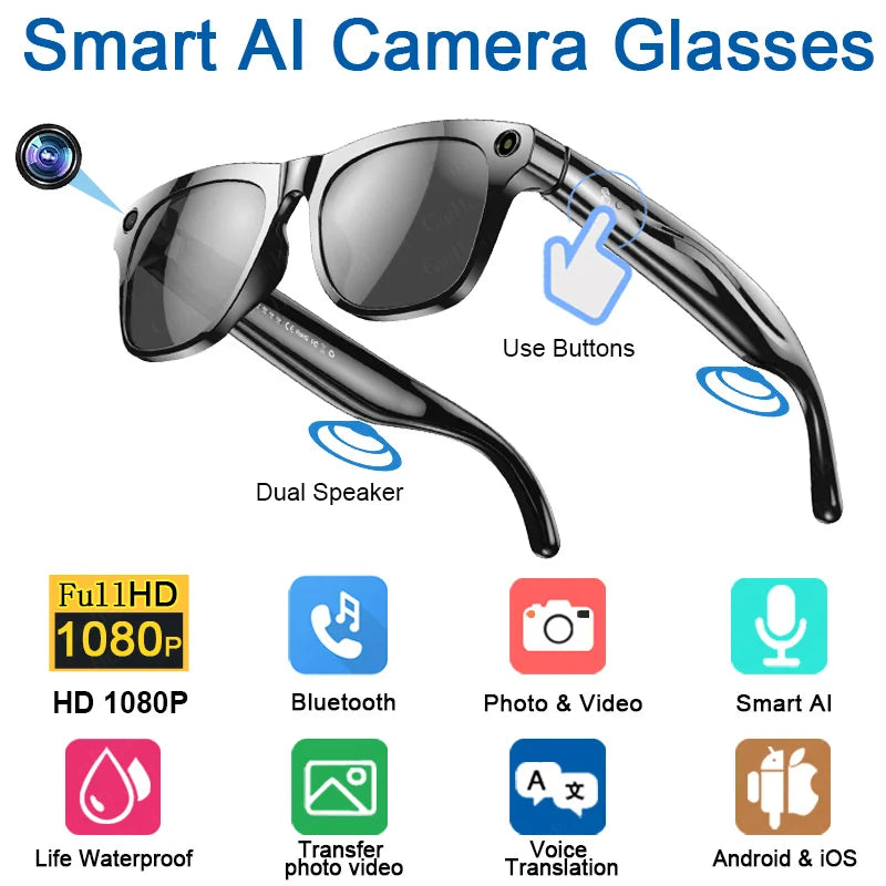 2025 Classic AI Smart Glasses 100MP Camera Waterproof Bluetooth Call Playing Music Sports Glasses Identify Pictures Use ChatGPT