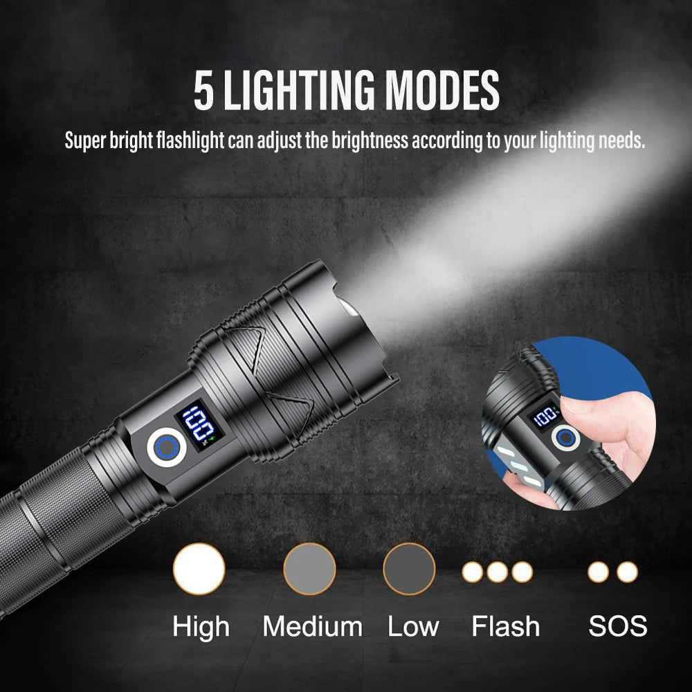 Super Bright 60W LED Flashlight with Power Bank Function, Rechargeable Telescopic Zoom Torch, 5 Modes, IP64,for Hunting/Camping