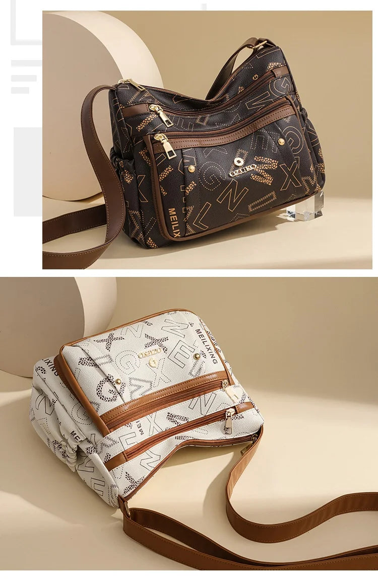 Ladies Middle-Aged Bag Large Capacity printed Work Clothing Soft Leather Multi-Pocket Cross-Body Bag Retro Shoulder Bag