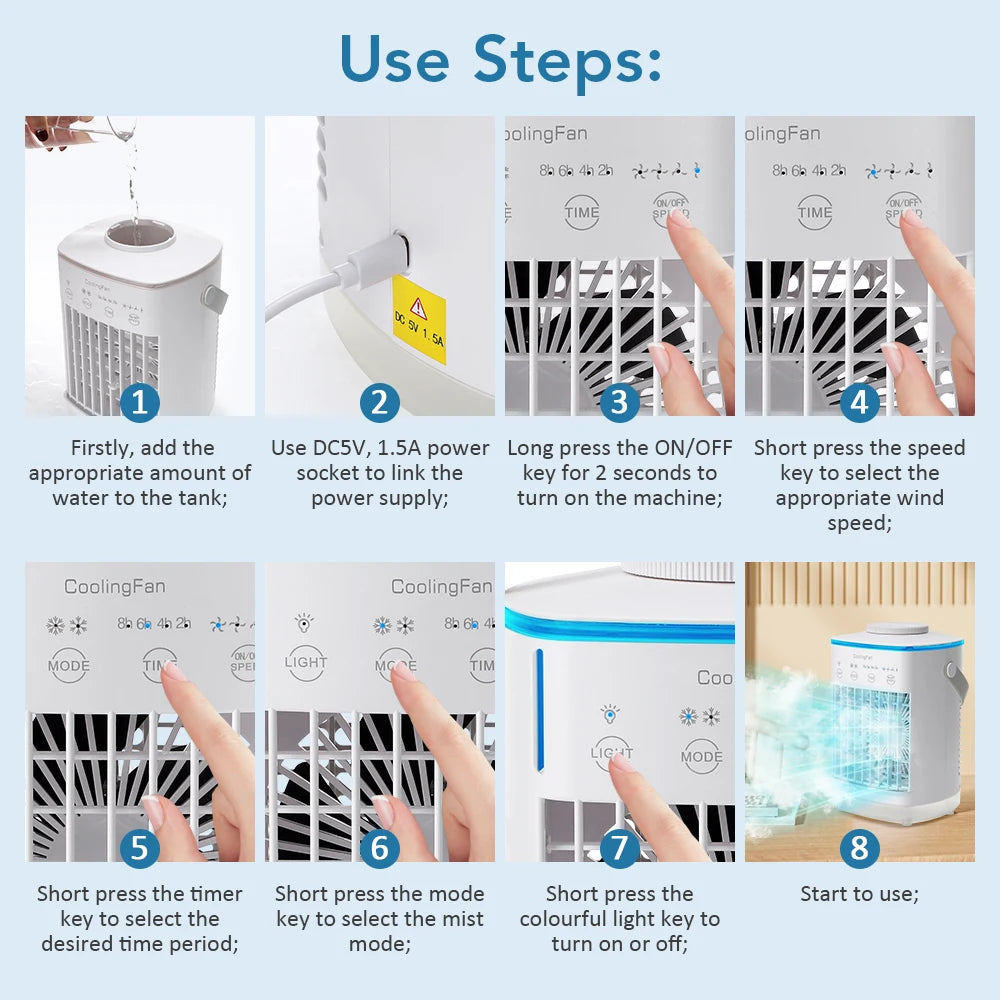 Portable Air Conditioner with Colorful Atmosphere Light Water Cooling Fan USB Table Fan 700ml Water Tank Desktop Fan Humidifier
