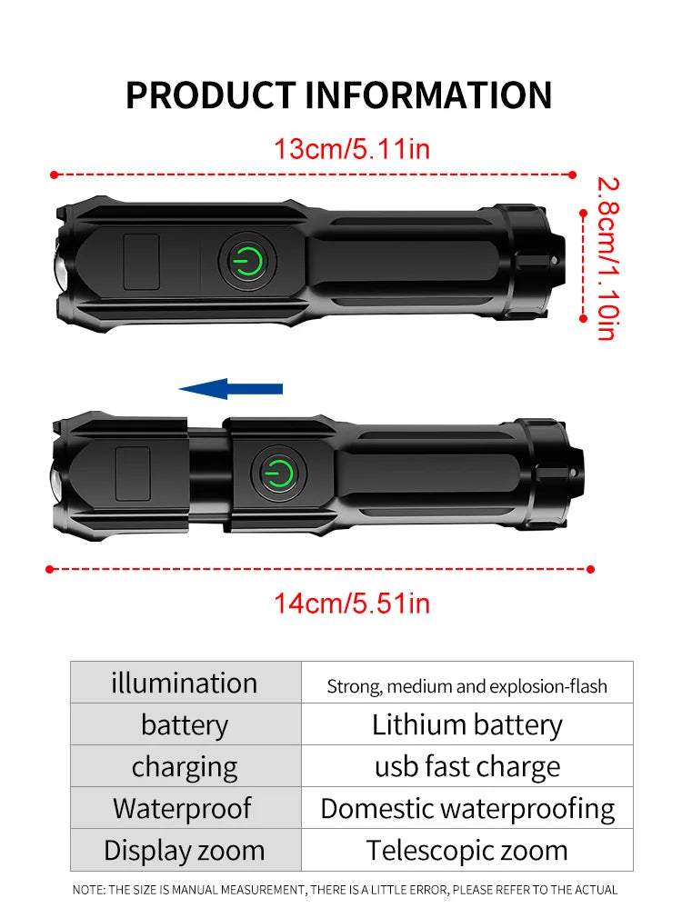 Powerful LED Flashlight 100000 Lumen Tactical Flashlights Rechargeable USB 18650 Waterproof Zoom Fishing Hunting LED Flashlight
