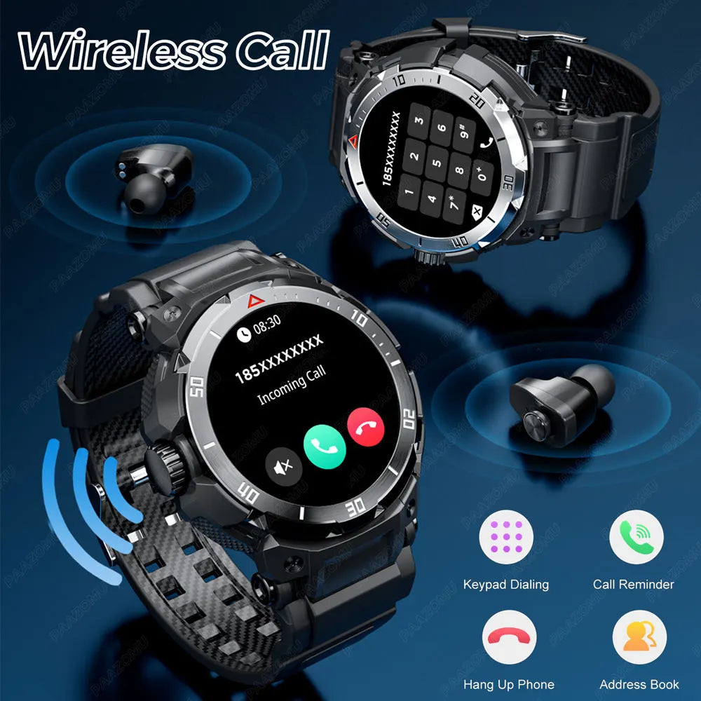 New 3 in 1 Smart Watch for Men With TWS Headset Rugged Military Bluetooth Call Fitness Tracker IP67 Waterproof for Android iOS