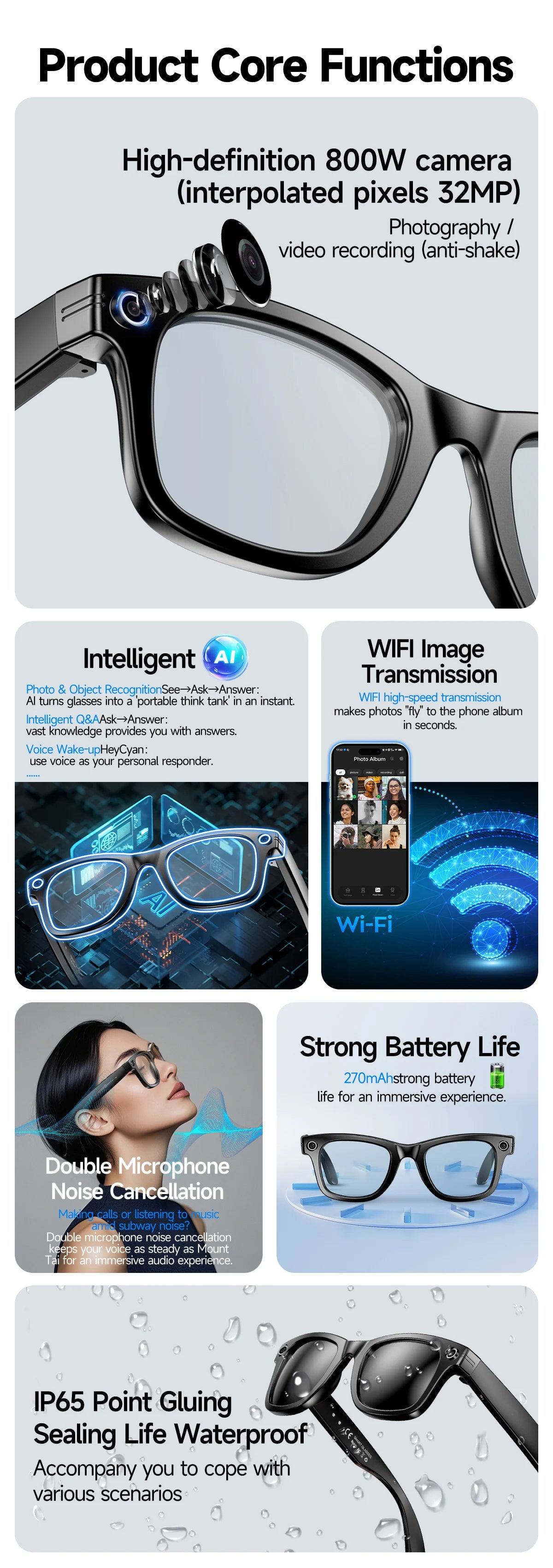 LIGE 800W Pixels Smart Glasses Recording Videos AI Photo Recognition Answer Translation 270mAh IP65 Waterproof Bluetooth Glasses