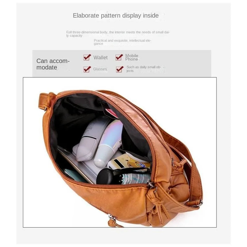 Washed leather women's bag 2024 European and American retro shoulder bag versatile large-capacity crossbody bag PU soft leather