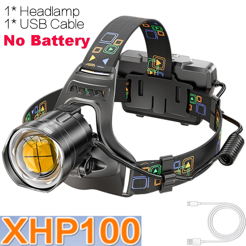 Powerful XHP100 Led Headlamp Zoomable USB Rechargeable High Power Headlight Waterproof Output 18650 Super Bright Head Torch