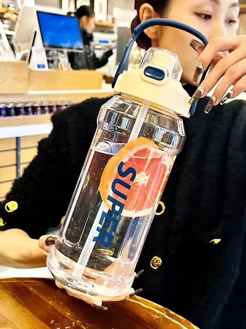 Large-capacity sports straw cup with Measurement markings, Portable, Minimalist, and Impact-resistant water bottle.