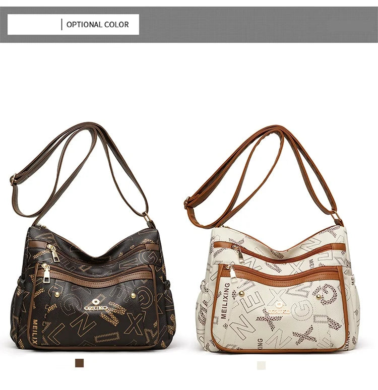 Ladies Middle-Aged Bag Large Capacity printed Work Clothing Soft Leather Multi-Pocket Cross-Body Bag Retro Shoulder Bag