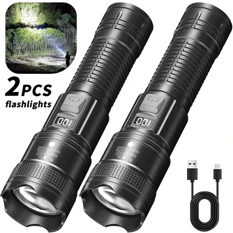 High Strong Power Led Flashlights 300000LM Tactical Torch with Display Light USB Charging Camping Fishing Defense Zoom Lantern