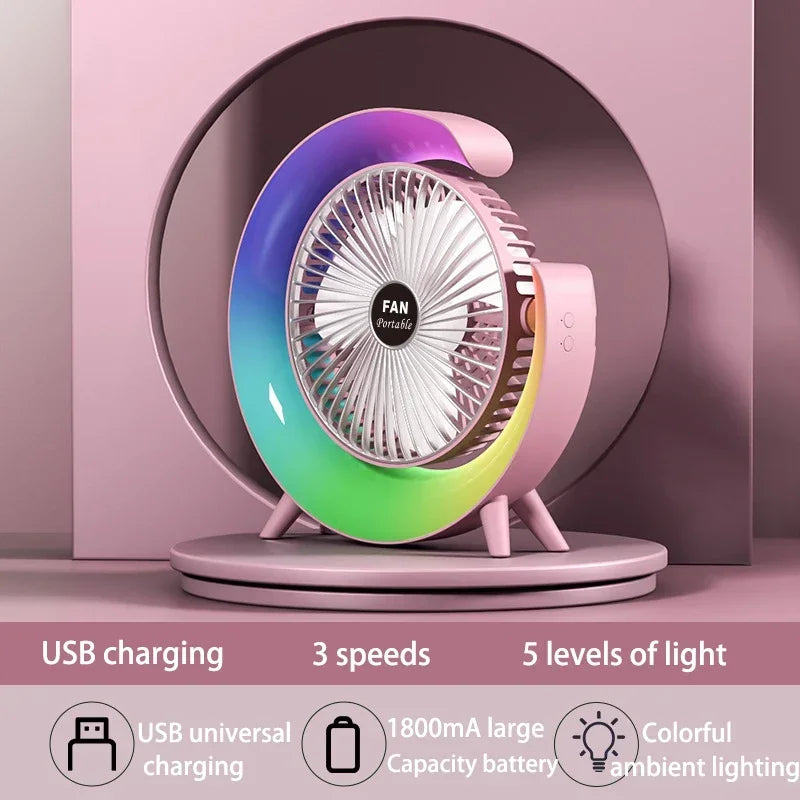 2025 Portable USB power Desk Fan 180 Degree Rotatable with Colorful Light Personal Table Fan for Home Office Bedroom Dorm