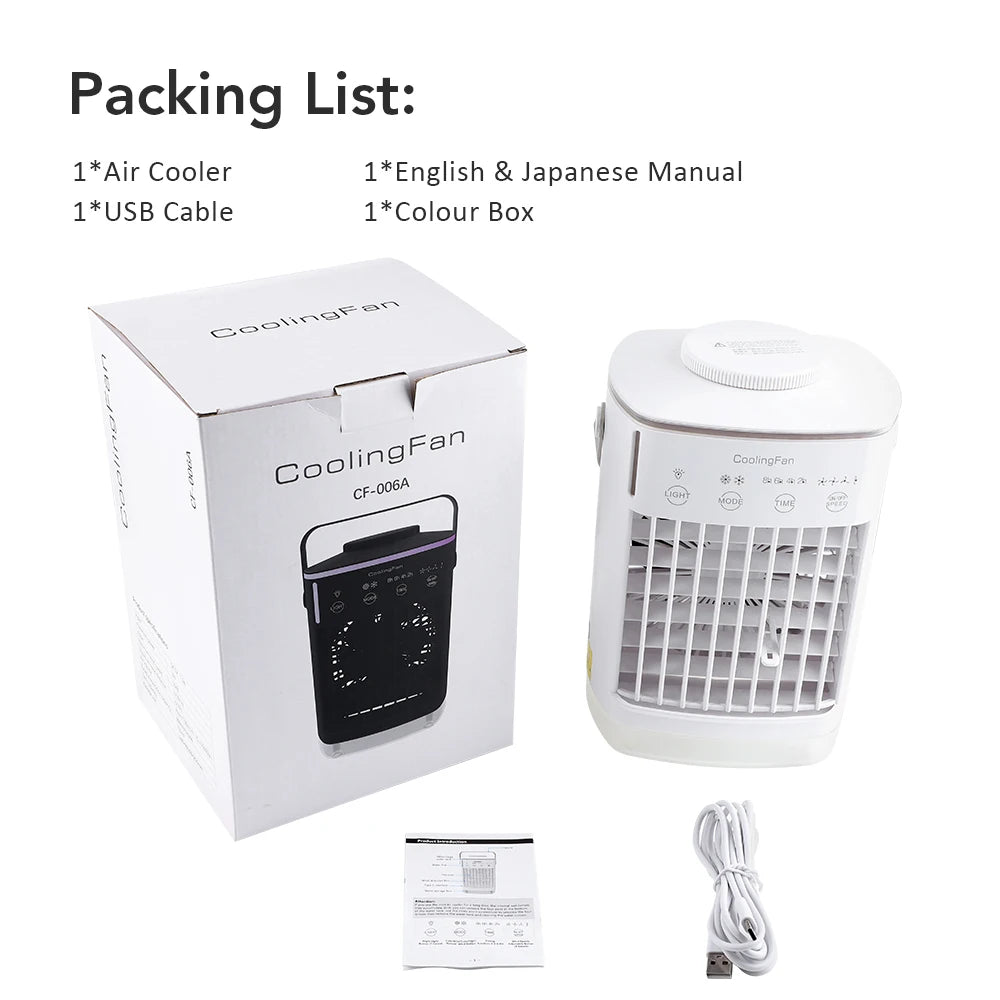 Portable Air Conditioner with Colorful Atmosphere Light Water Cooling Fan USB Table Fan 700ml Water Tank Desktop Fan Humidifier