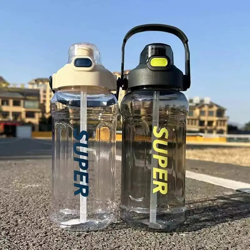 Large-capacity sports straw cup with Measurement markings, Portable, Minimalist, and Impact-resistant water bottle.