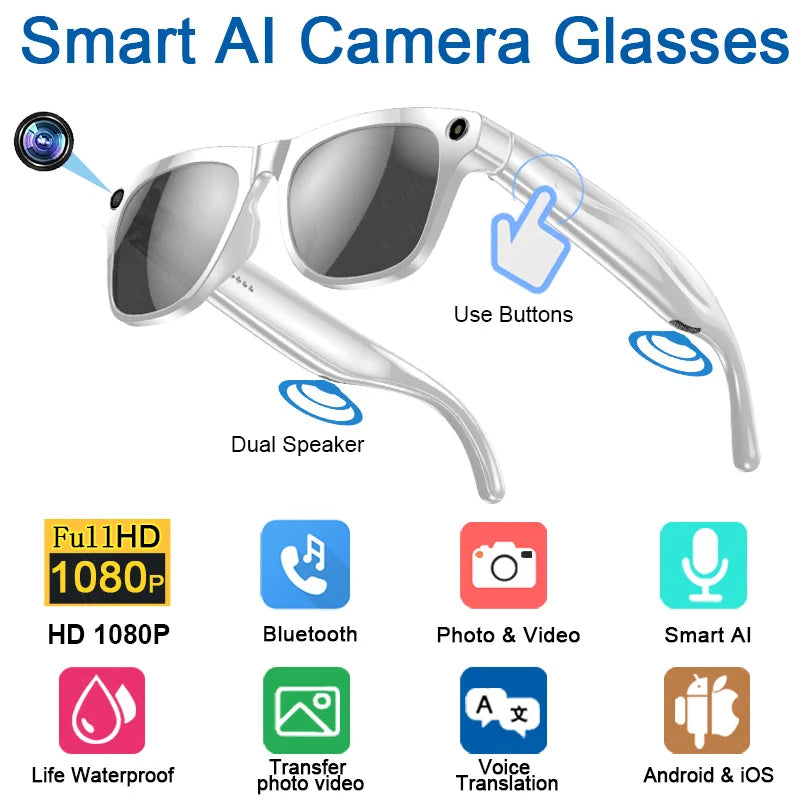 2025 Classic AI Smart Glasses 100MP Camera Waterproof Bluetooth Call Playing Music Sports Glasses Identify Pictures Use ChatGPT