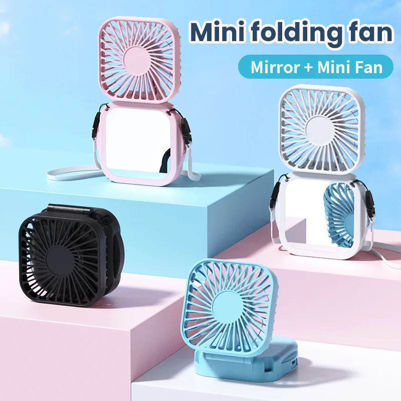 Handheld Portable Fan with Mirror, Mini Fan Small Personal Fan, 500mAh USB Rechargeable Neck Fan Foldable, Quiet Pocket Fan