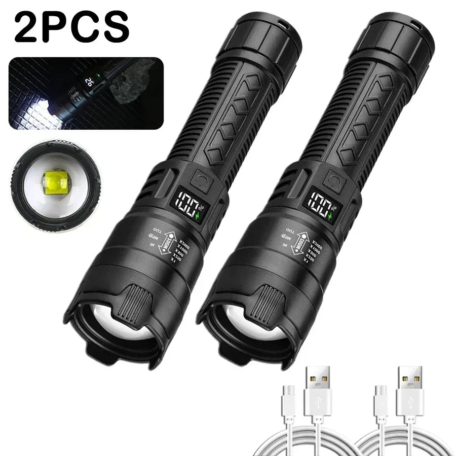 High Strong Power Led Flashlights 300000LM Tactical Torch with Display Light USB Charging Camping Fishing Defense Zoom Lantern