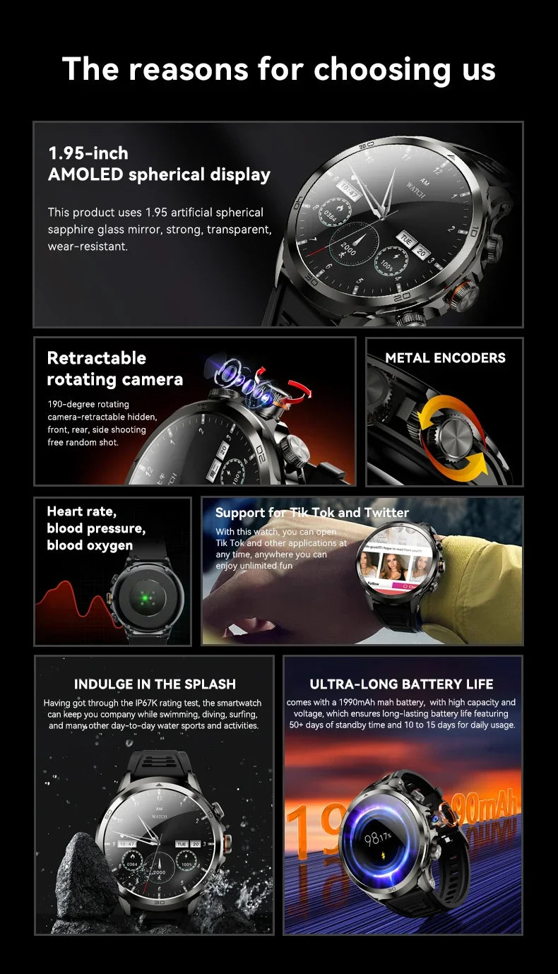2025 NEW 4G Full Netcom H19 Smartwatch Android System 1.95 Inch 720*720 Amoled Screen 190° Rotating Camera Smart Watch GPS WIFI