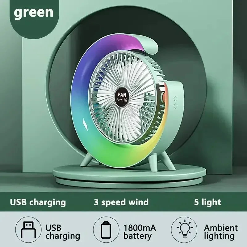 2025 Portable USB power Desk Fan 180 Degree Rotatable with Colorful Light Personal Table Fan for Home Office Bedroom Dorm