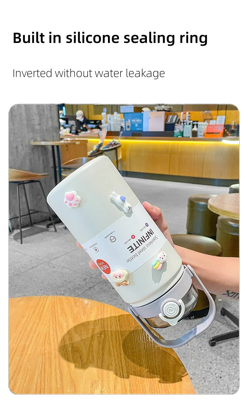1.2L Large Capacity Bottle with Straw Stainless Steel Double Drinking Straw Thermal Water Bottle Keep Cold and Hot Thermos Cup