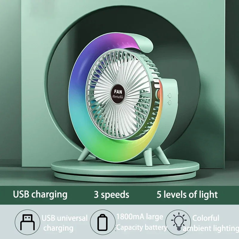 2025 Portable USB power Desk Fan 180 Degree Rotatable with Colorful Light Personal Table Fan for Home Office Bedroom Dorm