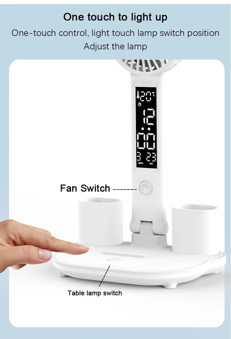 Rechargeable Table Lamp for Study, Desk Lamp Reading Light Led Table Light with Fan, Led Clock Dispaly Reading Lamp