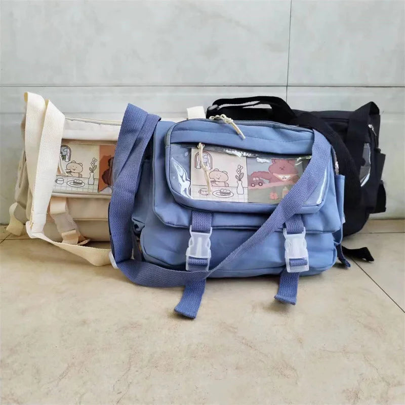 Large capacity student class crossbody canvas bag, women's versatile new Japanese Harajuku solid color mailman shoulder tote bag