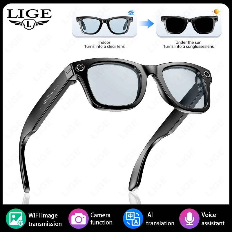 LIGE 800W Pixels Smart Glasses Recording Videos AI Photo Recognition Answer Translation 270mAh IP65 Waterproof Bluetooth Glasses
