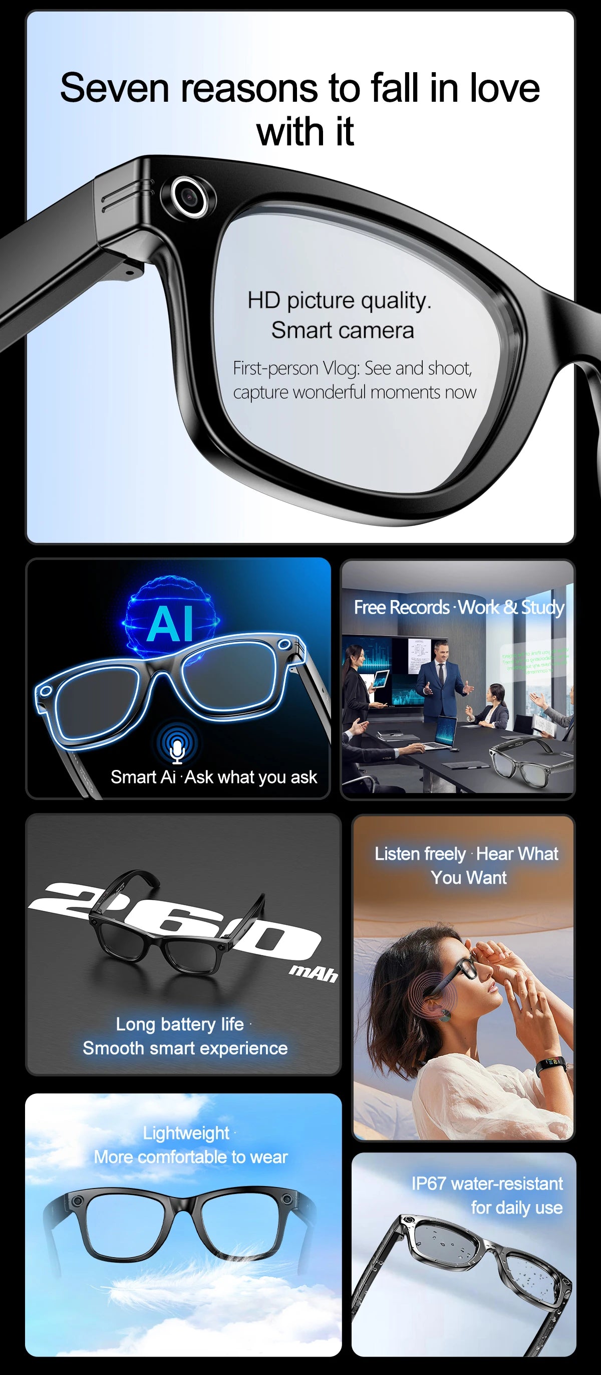LIGE Fashion AI Camera Smart Glasses IP65 Waterproof Bluetooth Call Playing Music Smart Glasses Identify Pictures Use ChatGPT