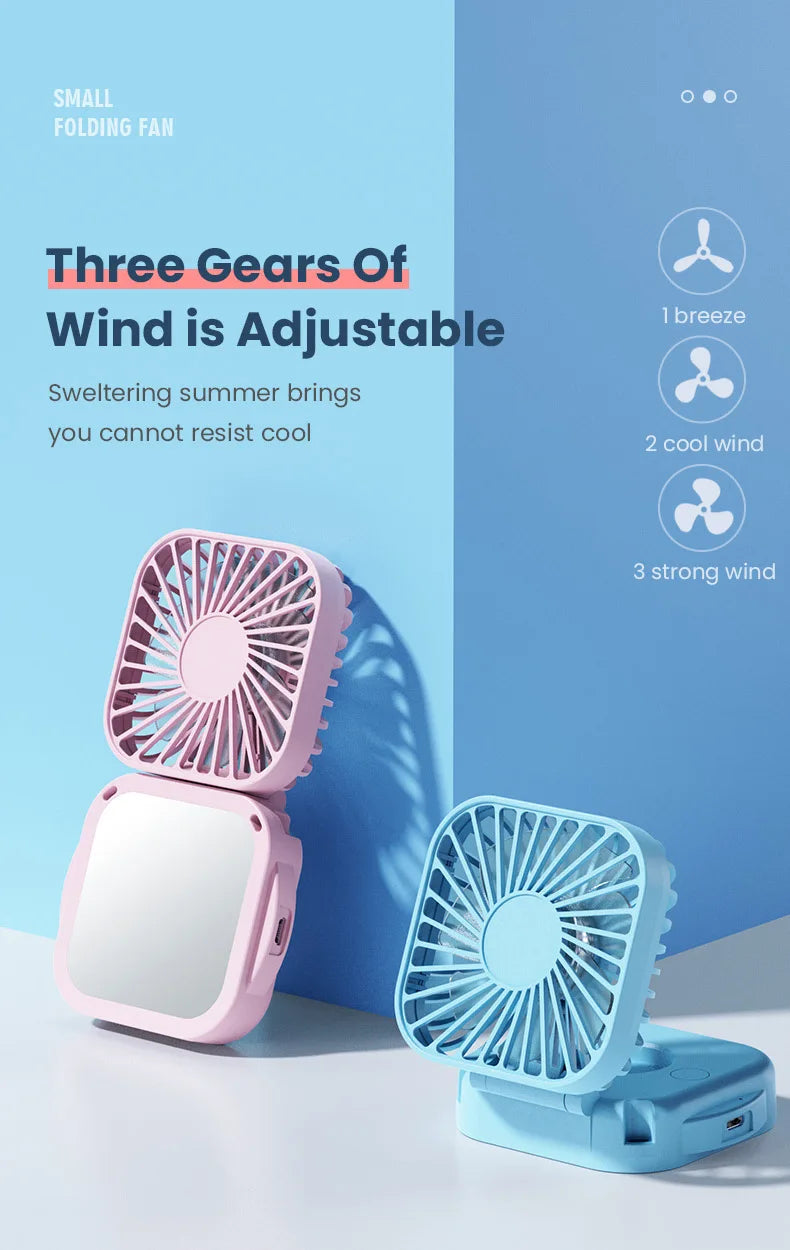Handheld Portable Fan with Mirror, Mini Fan Small Personal Fan, 500mAh USB Rechargeable Neck Fan Foldable, Quiet Pocket Fan