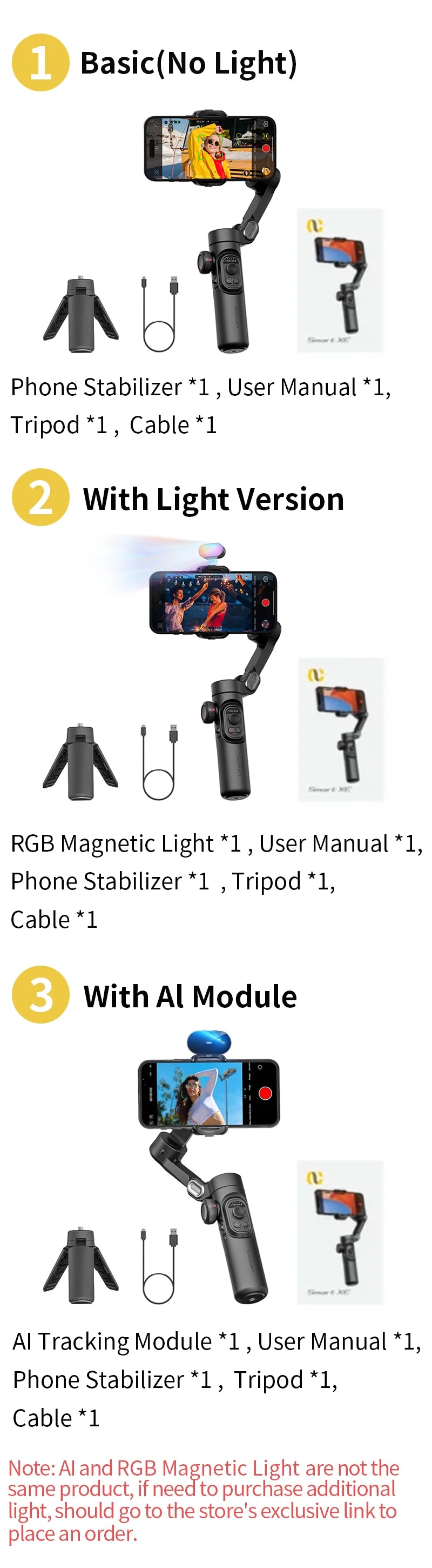 AOCHUAN 3-Axis Handheld Gimbal Stabilizer for Smartphone with Fill Light for iPhone Android Face Tracking Vlog