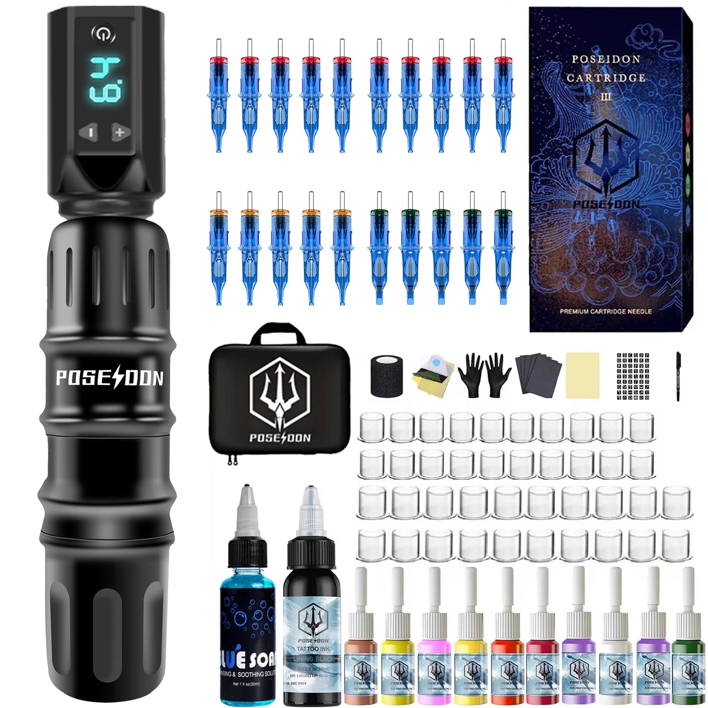 Tattoo Kit POSEIDON High Power Tattoo Pen Kit For Permanent Makeup Tattoo Machine Kit Black Wireless Tattoo Gun Kit