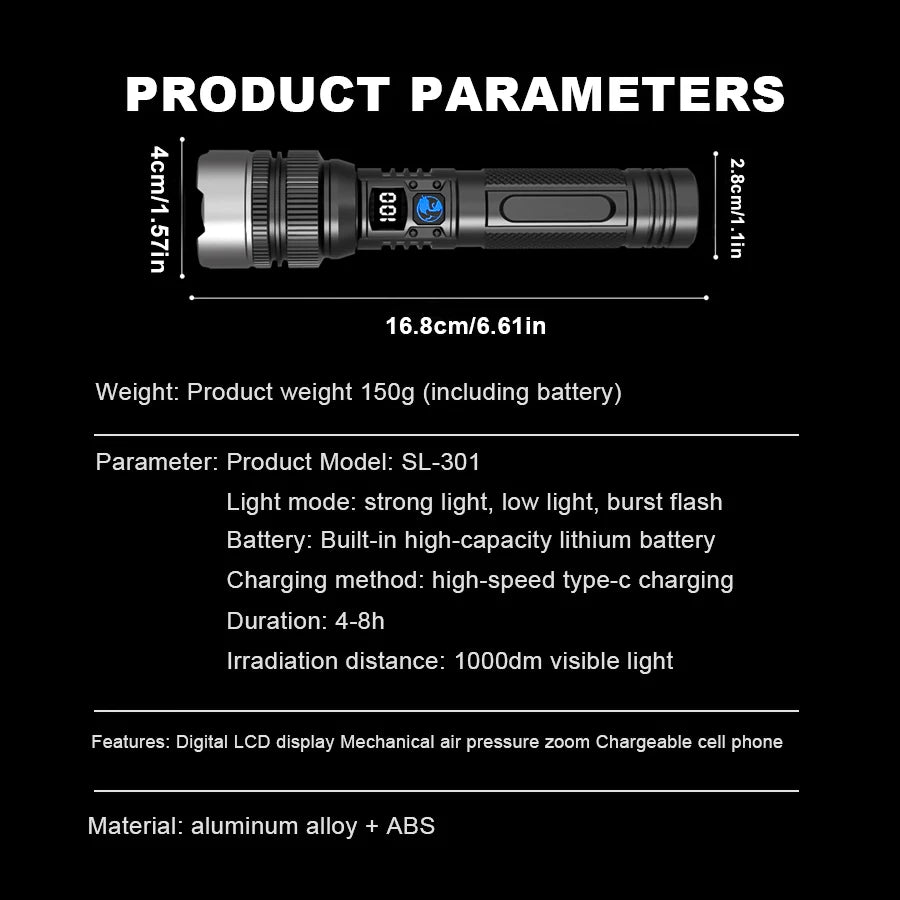 Super Bright LED Portable Flashlight USB Rechargeable Torch with Built-in Battery High Lumen Outdoor Waterproof Camping Lantern