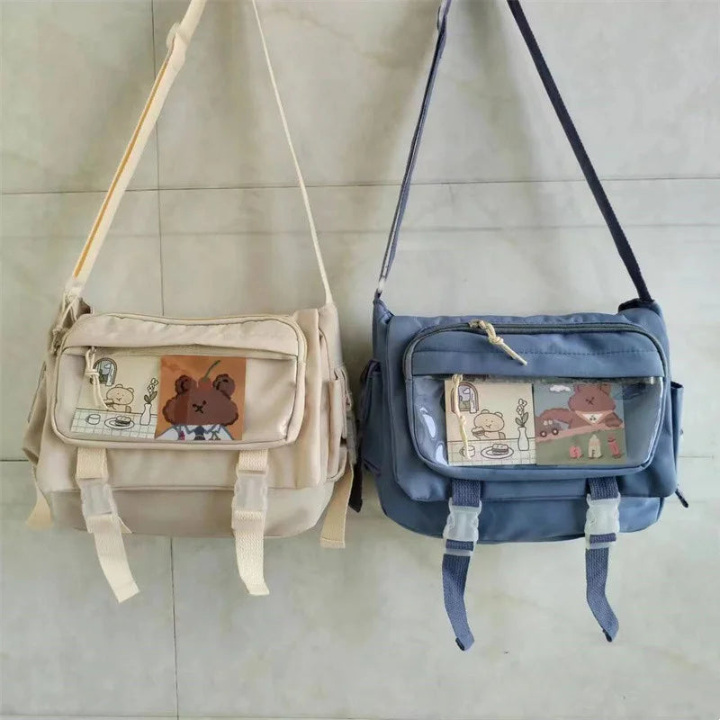 Large capacity student class crossbody canvas bag, women's versatile new Japanese Harajuku solid color mailman shoulder tote bag