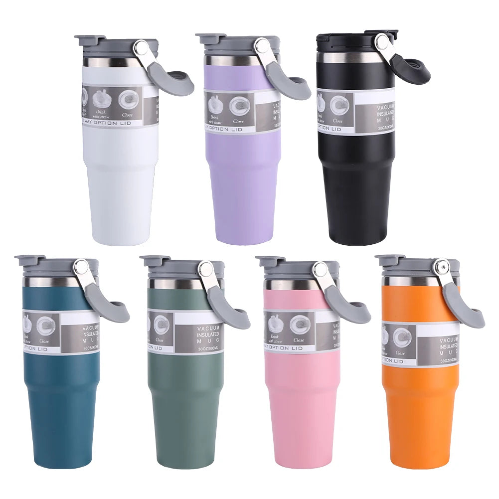 30oz Vacuum Insulated Cup with Handle Double-Layer Insulated Cup Stainless Steel Sports Water Bottle for Cold Hot Beverages