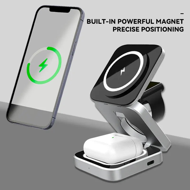 Magnetic Wireless Charging Station Foldable 3-in-1 for iPhone 12~15 Series AirPods iWatch Portable Travel Charger