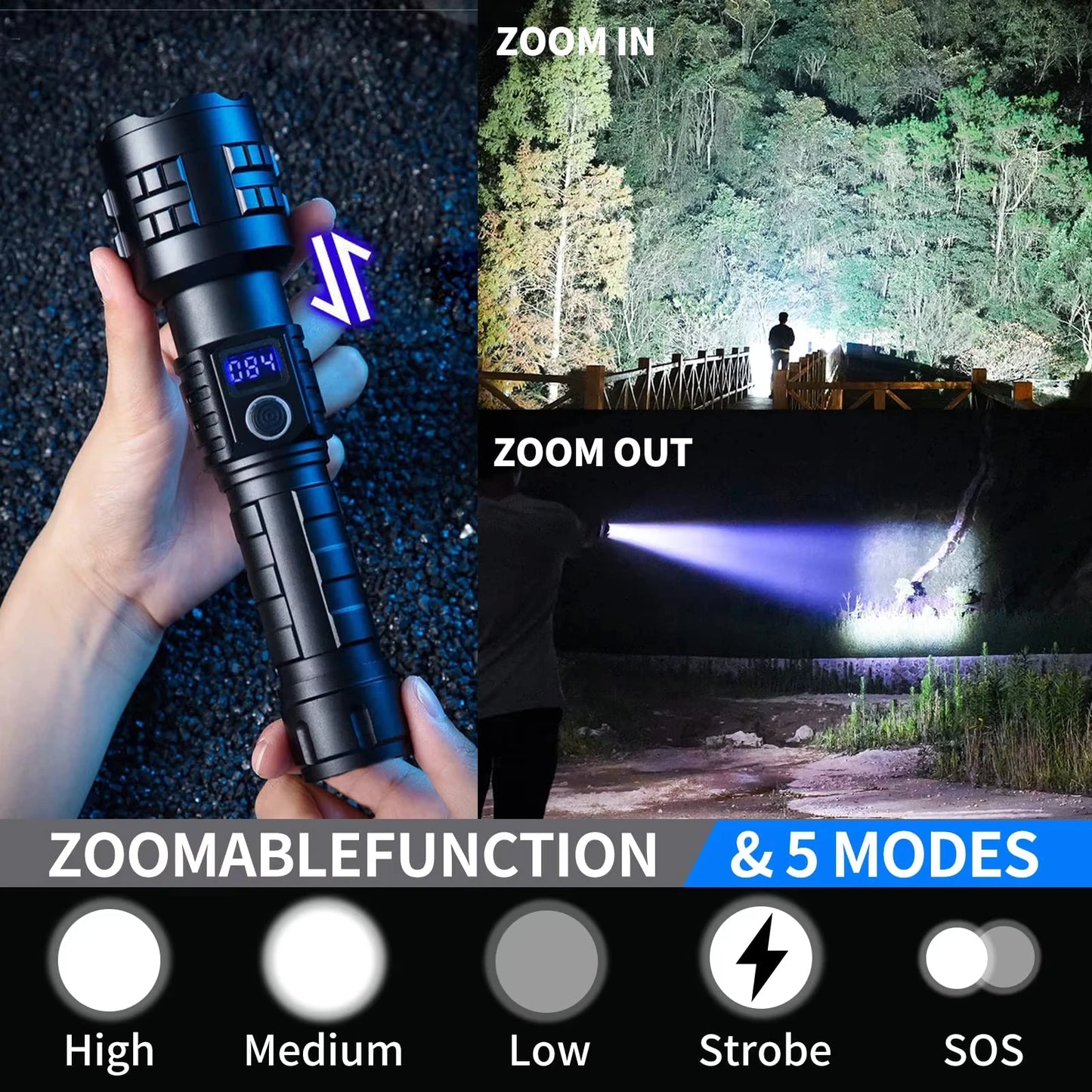 Powerful 200000 High Lumen LED Flashlight Super Bright Rechargeable Portable Ultra Power USB C Torch lamp Outdoor Emergency use